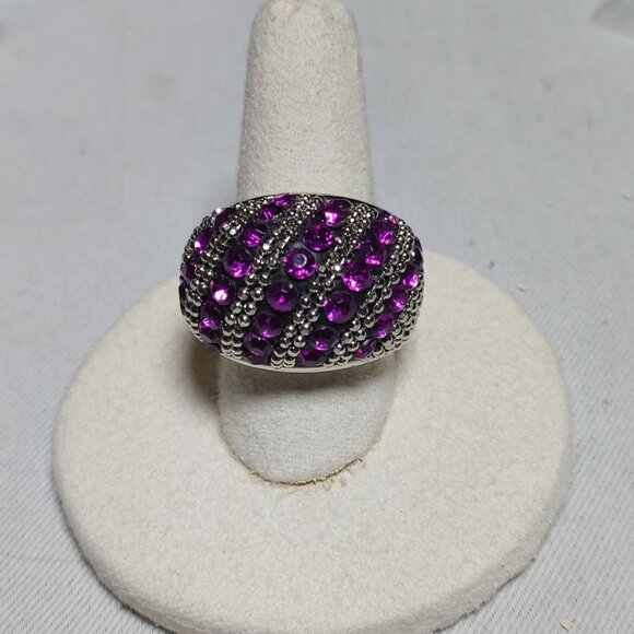 Beehive Dome Ring Purple Rhinestones Size 9 Beaded Accents Vintage Silver Tone - Picture 10 of 10